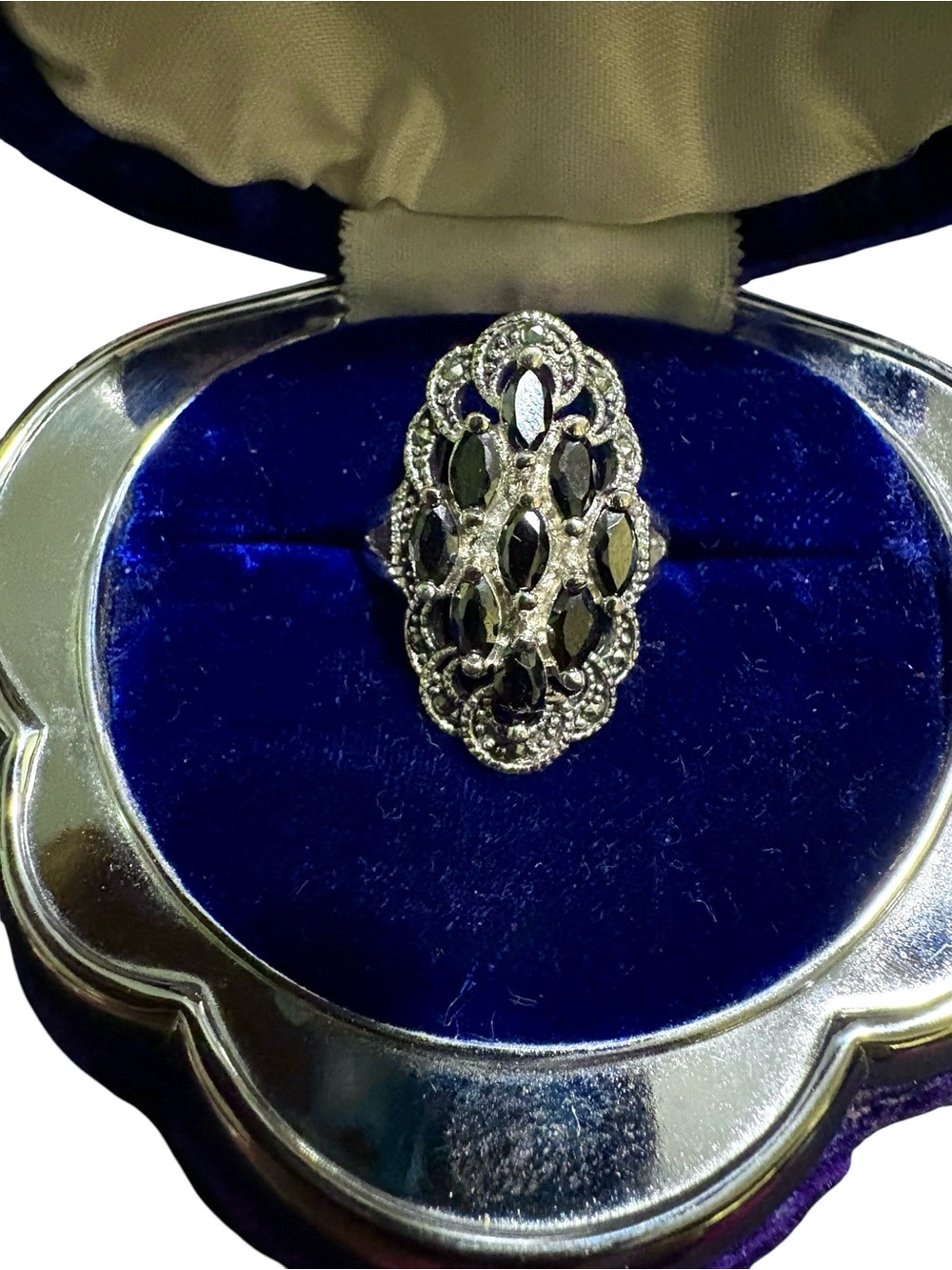 Vintage-Style Black Marquise Crystal Ring, SZ 8